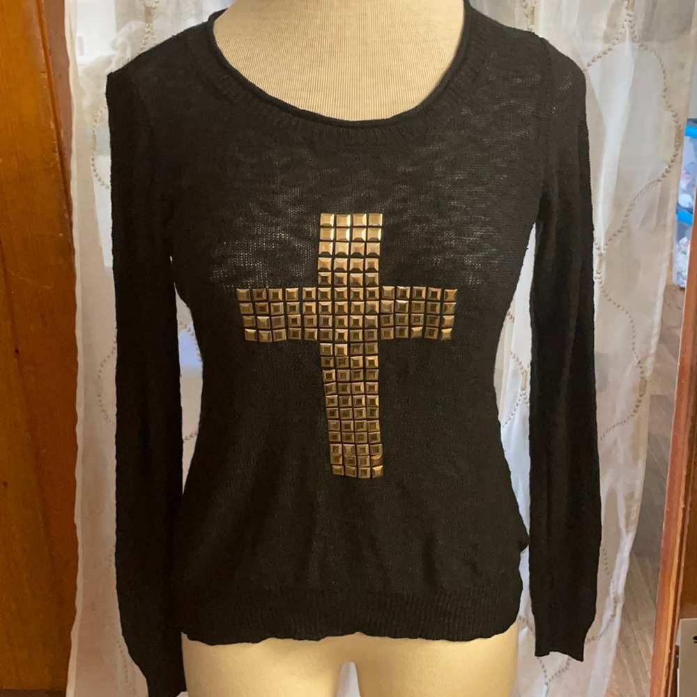 XL Black Sweater with Embellished Gold Cross